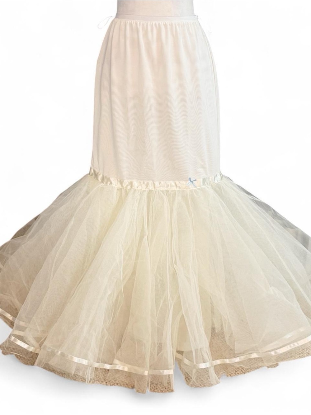 Vintage Blue Ribbon Cream Mermaid Petticoat | Bridal Tulle Underskirt Small